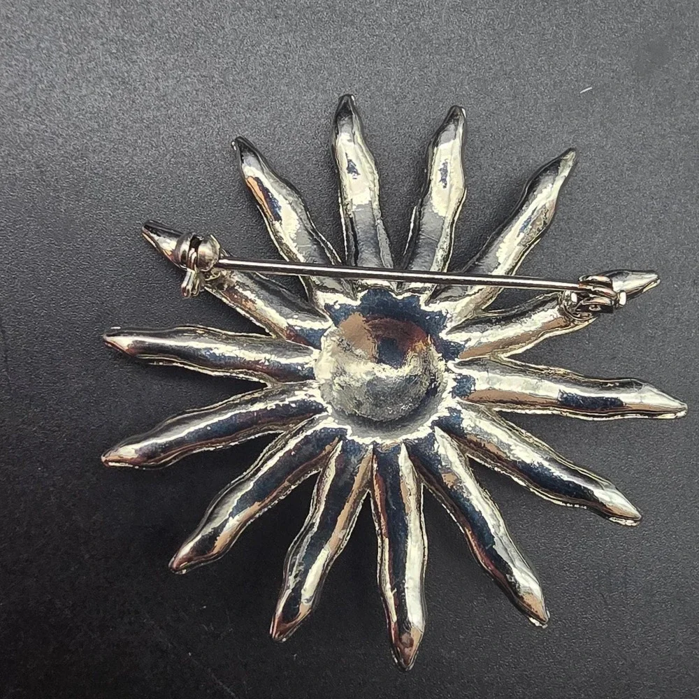 Rhinestone Sunburst Brooch Silver Tone Celestial Vintage Costume Jewelry